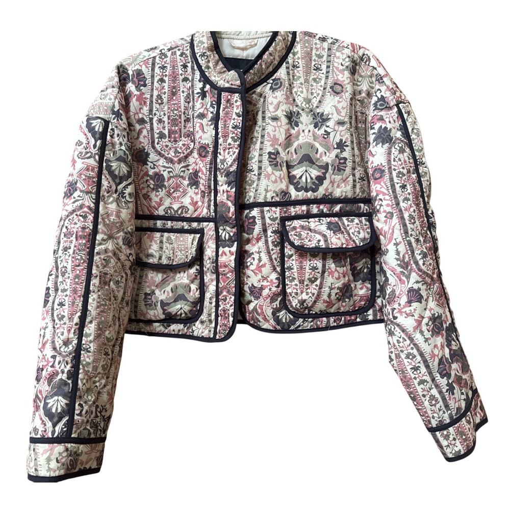 7 For All Mankind Womens Paisley Floral Quilted Cropped Jacket Pink Olive Small